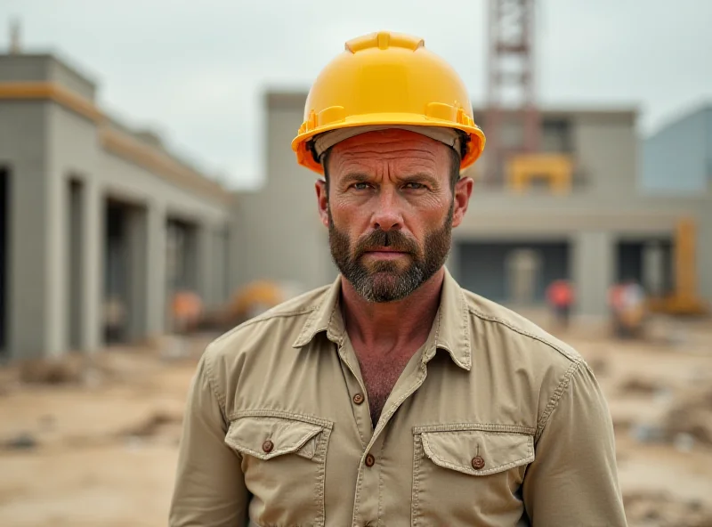 Jason Statham looking serious wearing a construction hard hat and a work shirt, standing on a construction site.