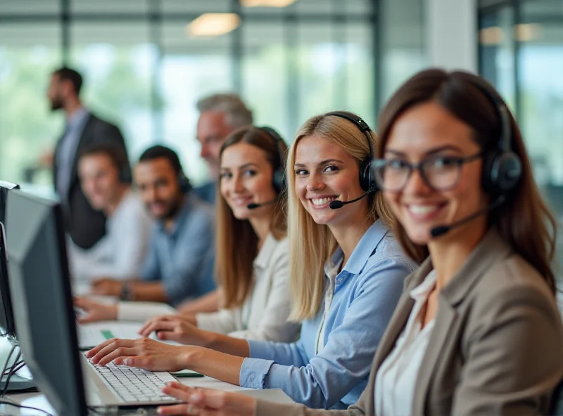 A diverse group of customer support agents assisting customers with smiles.