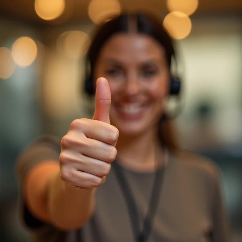 A person happily giving a thumbs up after receiving excellent customer support.