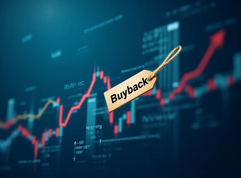 Illustration of stock market data and rising graph with a buyback tag. 