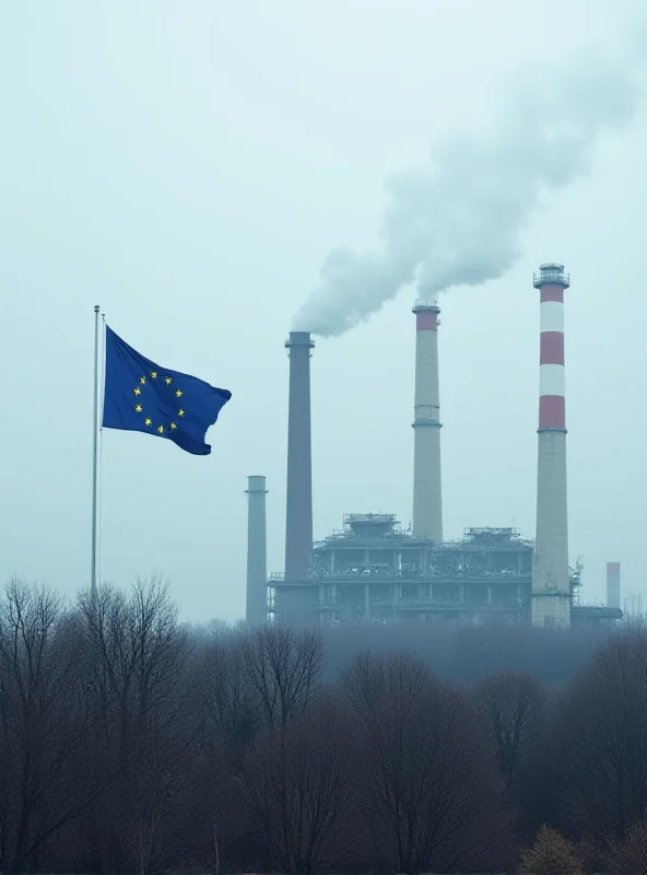 Image of a German factory with smoke stacks and the EU flag in the background, suggesting energy dependence.