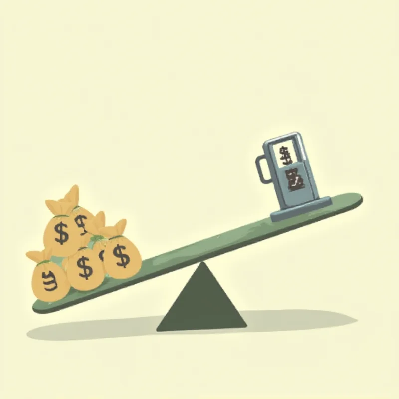 A stylized illustration showing a seesaw with money bags on one side and a gas pump on the other, representing the trade-offs between financial gains and energy security.