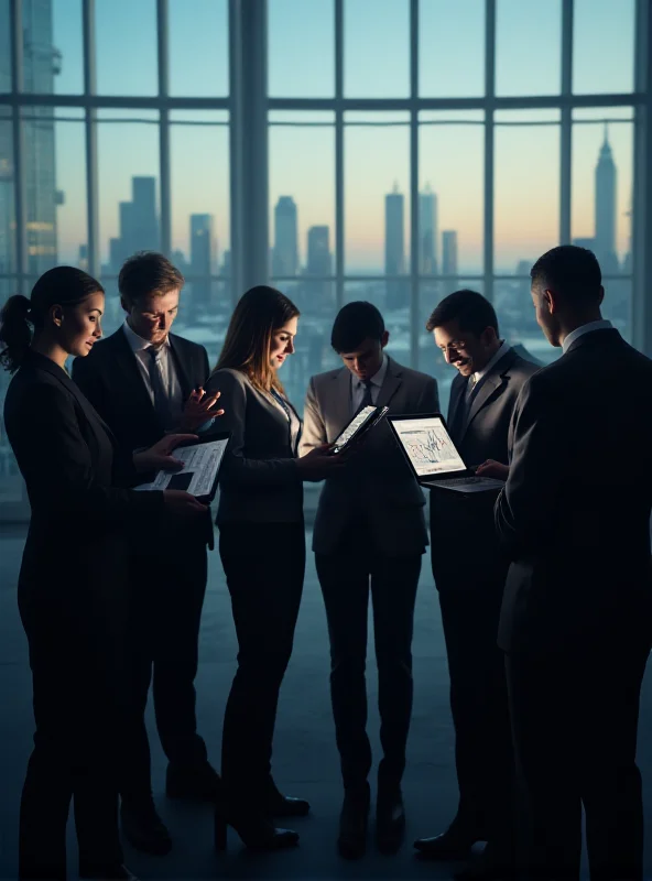 A diverse group of people looking at stock market data on their electronic devices.