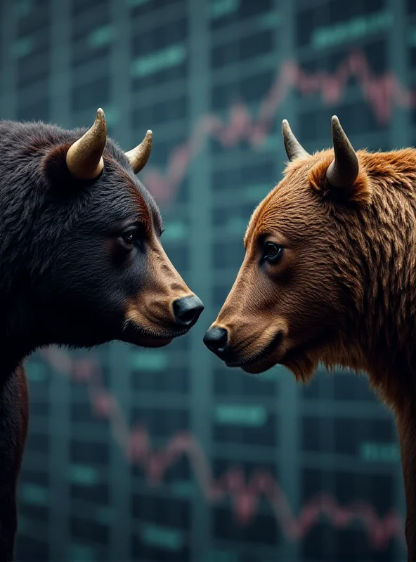 A split view of a bull and a bear, symbolizing buy and sell ratings, separated by a line graph that represents a hold rating, illustrating the mixed opinions on a stock.