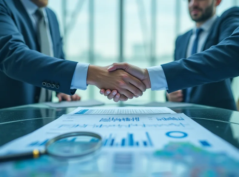 Two businessmen shaking hands over a financial chart, symbolizing a comparison between two competing companies. A magnifying glass focuses on the chart.