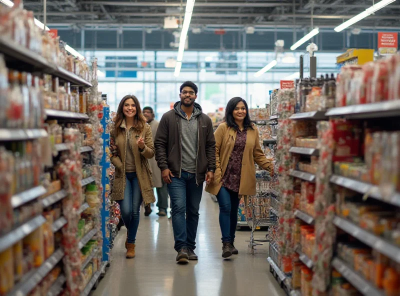 A diverse group of customers happily shopping inside a modern, brightly lit Walmart store.