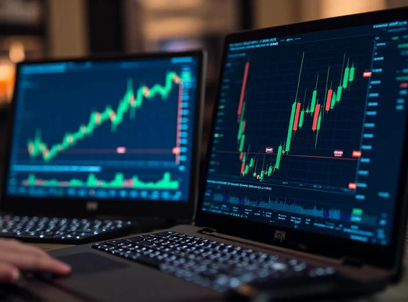 Two computer screens side-by-side, one displaying the Magnite stock ticker and the other showing the Rumble stock ticker.