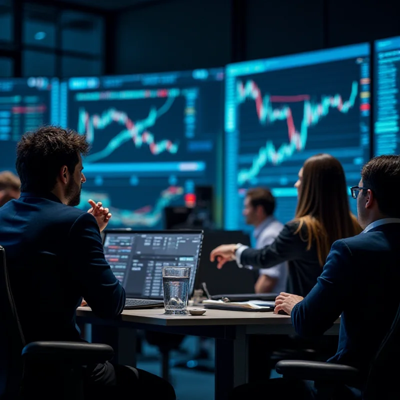 A diverse group of people looking at stock charts on a large screen, deep in thought