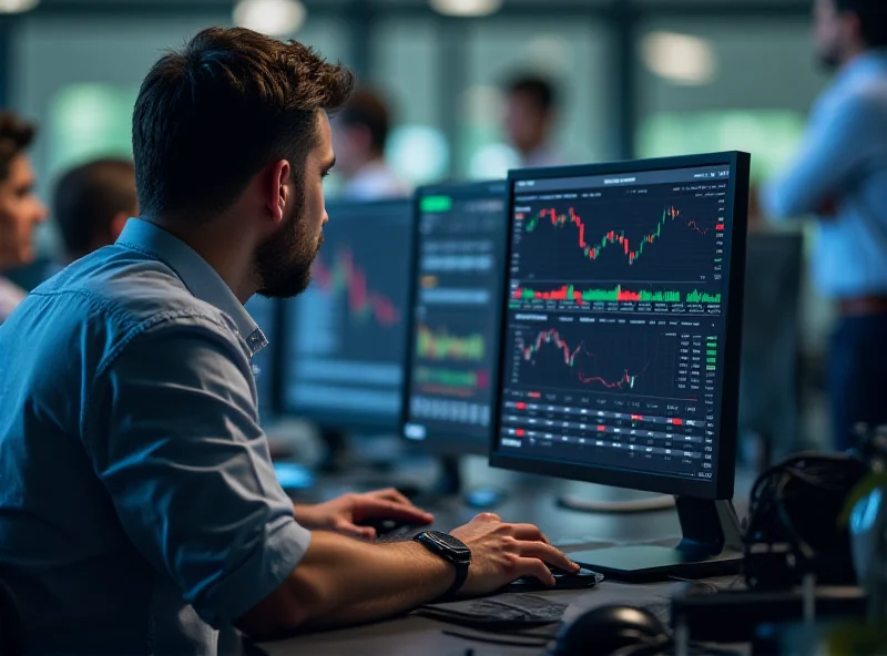 A person looking at a computer screen showing stock market data