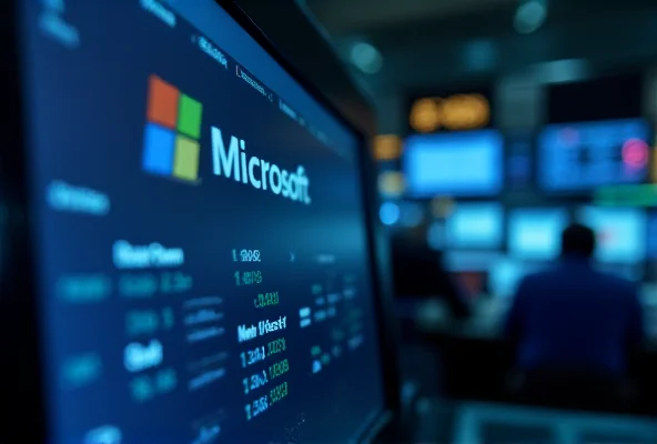 Close up photo of a computer screen displaying the Microsoft logo and stock ticker information.