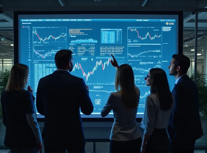 A diverse group of business people looking at stock charts on a large screen in a modern office setting.