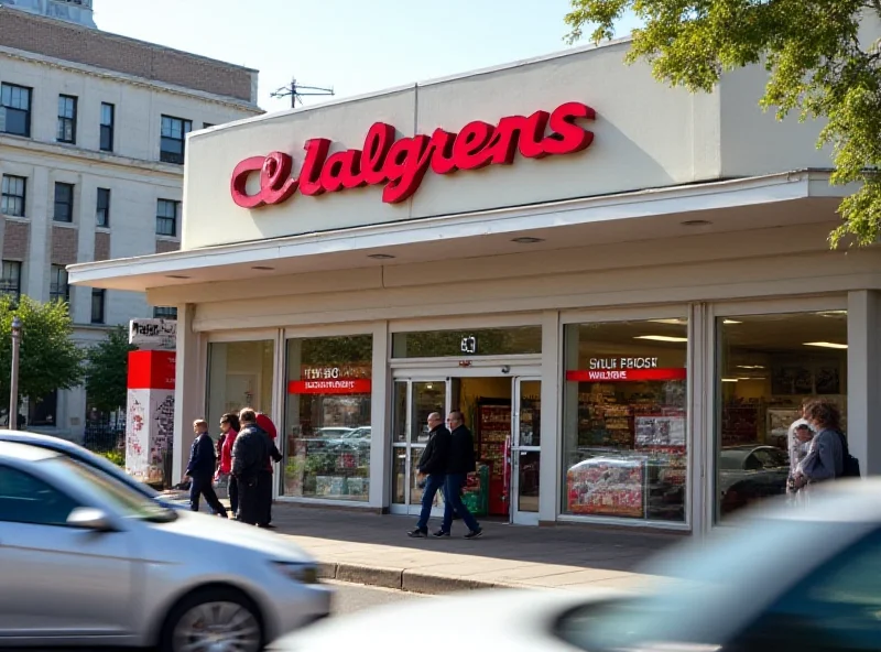 A close-up shot of a Walgreens store front with a blurred background of passing cars and pedestrians.