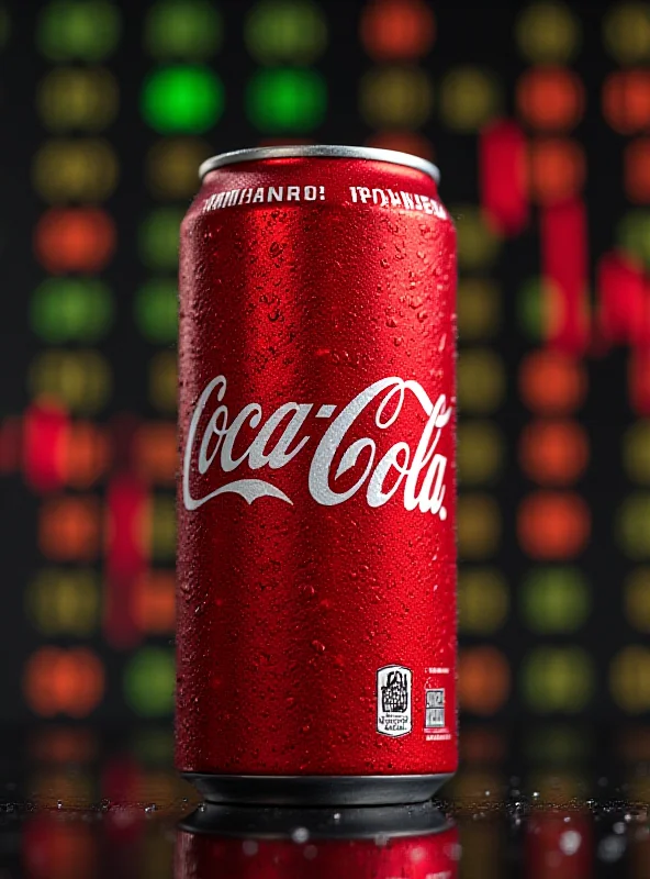 A can of Coca-Cola with stock tickers scrolling in the background.