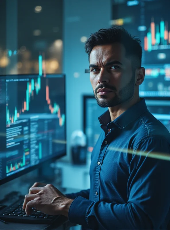 A professional analyst looking at a computer screen showing stock data.