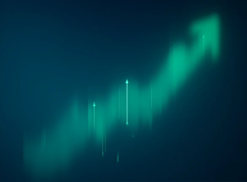 Abstract image of a stock ticker tape with upward trending arrows.