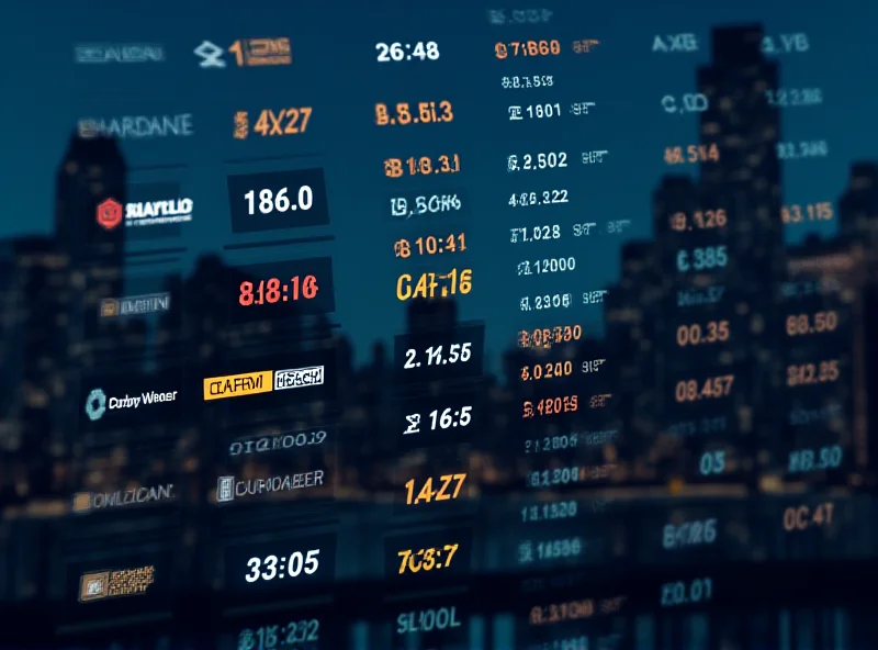 A stylized stock ticker display showing various company symbols and stock prices