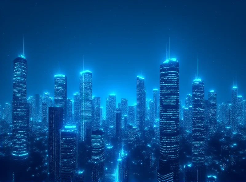 A futuristic cityscape with glowing AI interfaces overlaid.