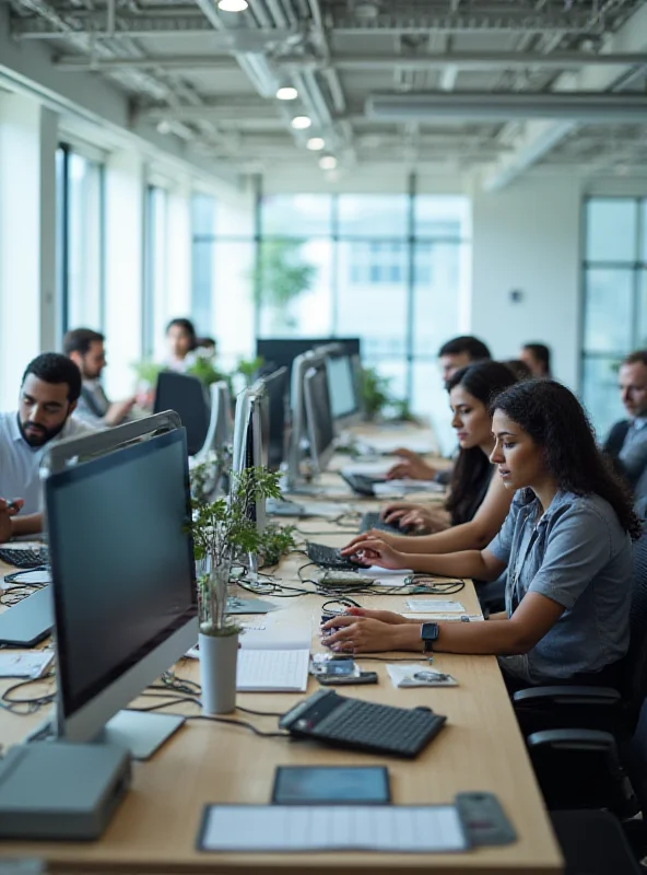 A modern office space with employees working on computers, representing a tech company like The Trade Desk.