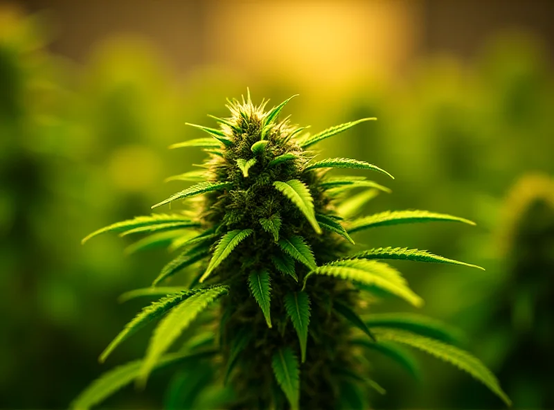 A lush green cannabis plant growing indoors under artificial lights.