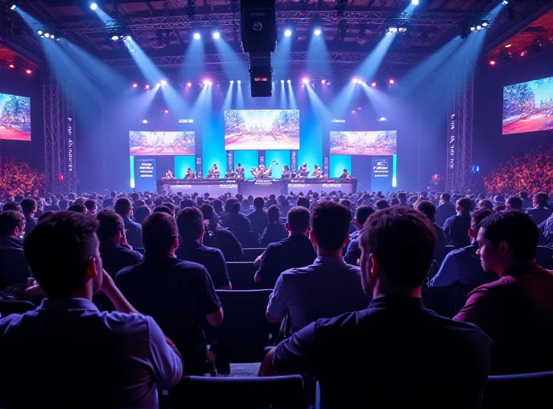 A group of esports athletes competing on stage in front of a large audience.