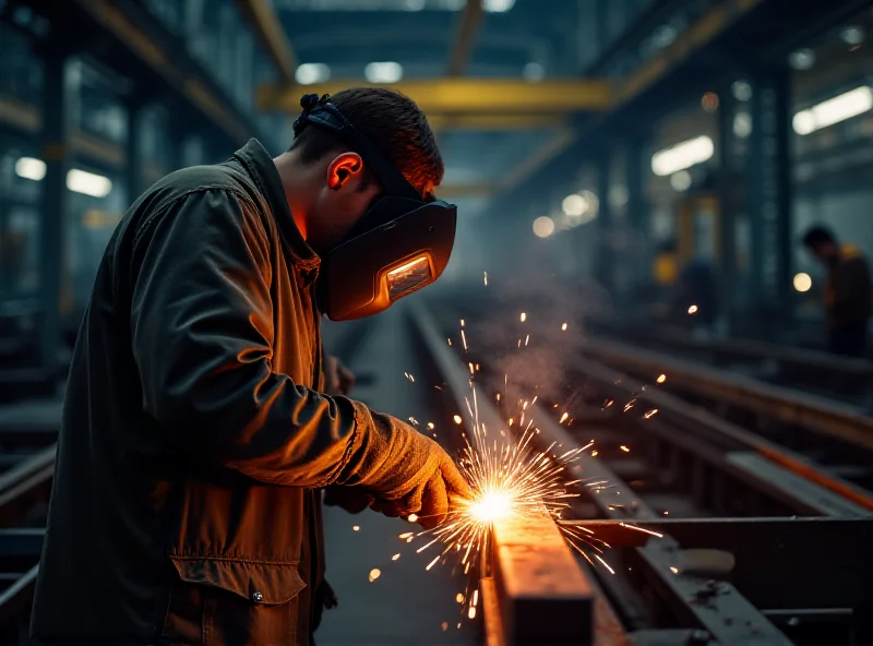 A close-up shot of a worker welding metal beams in a factory setting.