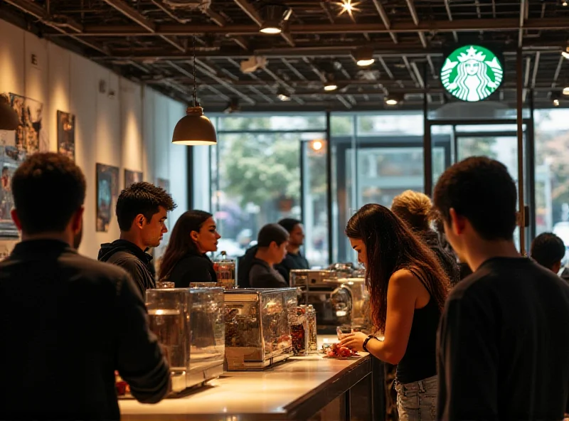 A bustling Starbucks store with customers ordering coffee.