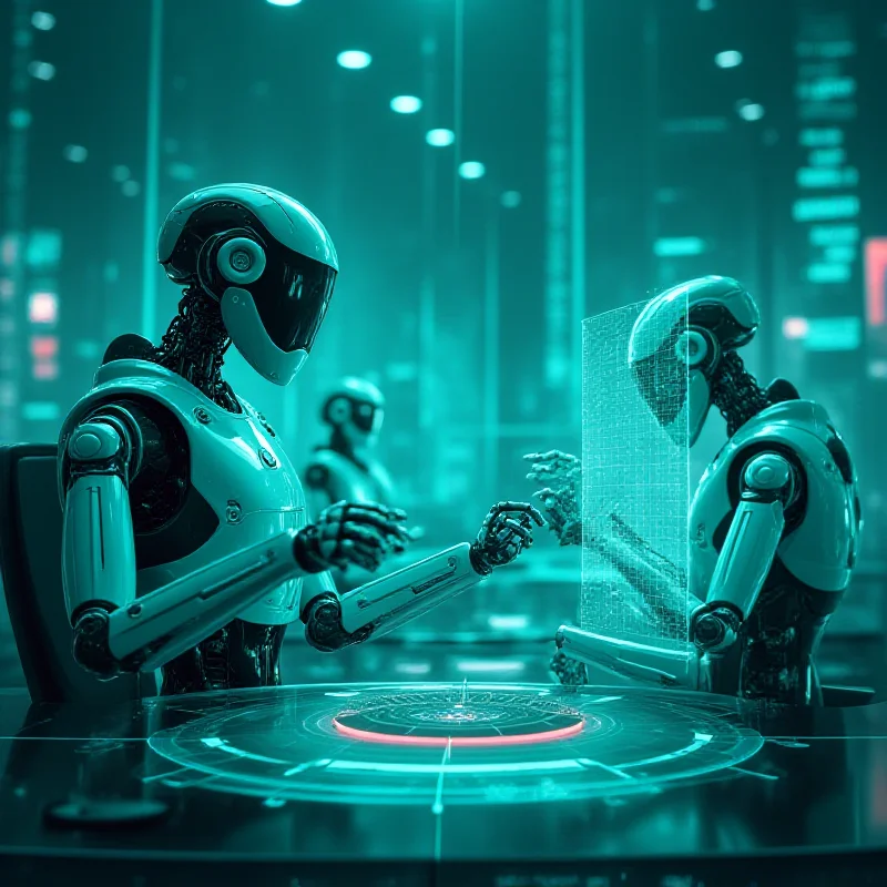 A futuristic depiction of robots working in a high-tech insurance company, representing Kinsale Capital Group's focus on technology and unusual risks.