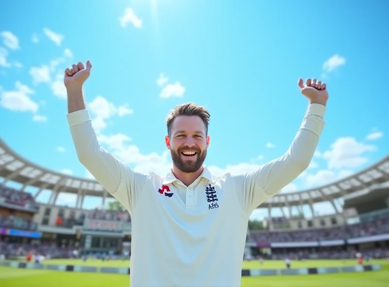 Ben Stokes celebrating a cricket victory, raising his arms in triumph on a sunny day.