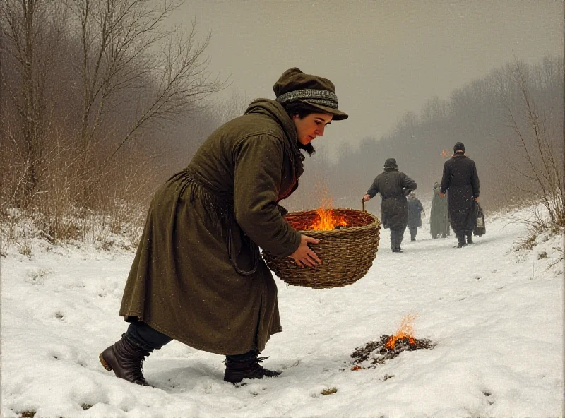 Painting of a woman carrying embers in a winter landscape.