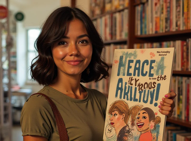 Wanda Dufner, a young woman with short hair and a determined expression, stands next to a display of her comic book about teen pregnancy. The comic book cover is visible and features illustrations related to her experiences.