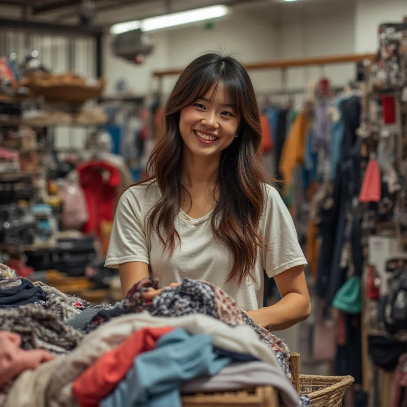 A young Chinese woman is shown sorting through a pile of used clothing. She is smiling and appears to be enjoying the process of finding unique items. The background is filled with racks of second-hand clothes.