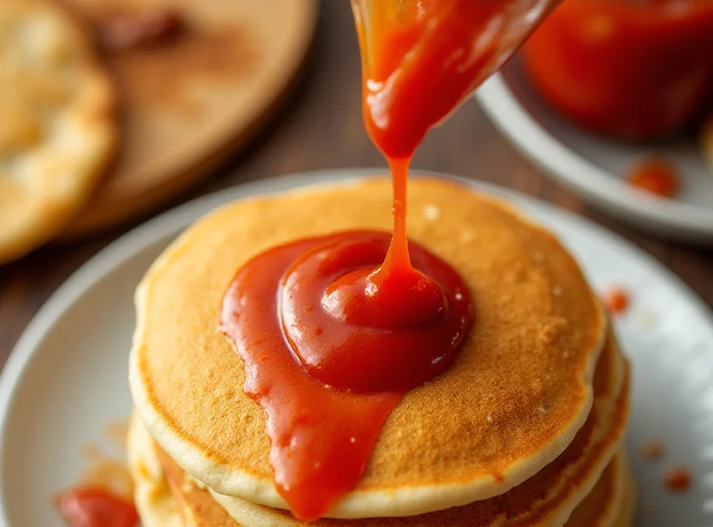 A stack of pancakes with ketchup being drizzled on top, photographed from above.