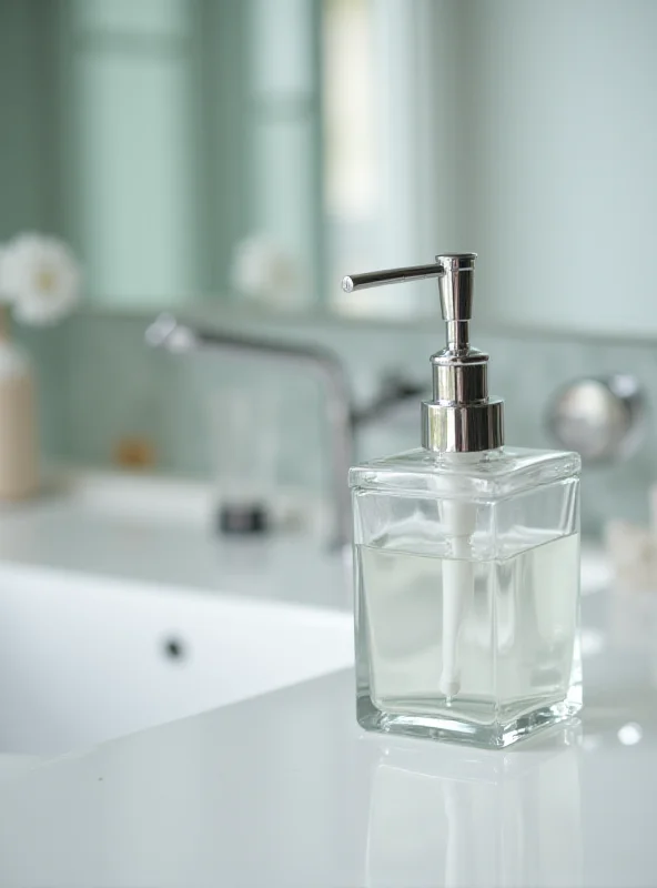 A close up of a clear glass soap dispenser in a modern bathroom setting.