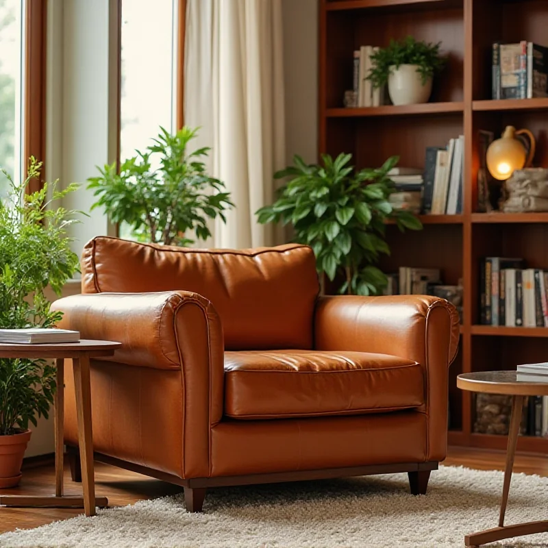 A stylish leather armchair in a well-lit living room, with a bookshelf and plants in the background.