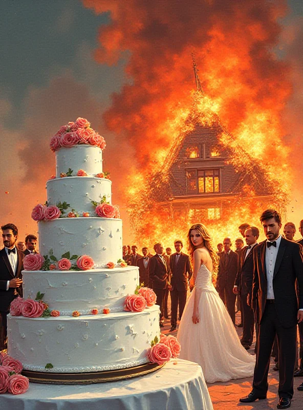 Illustration of a wedding cake next to a house that is exploding. There are wedding guests looking shocked in the background.