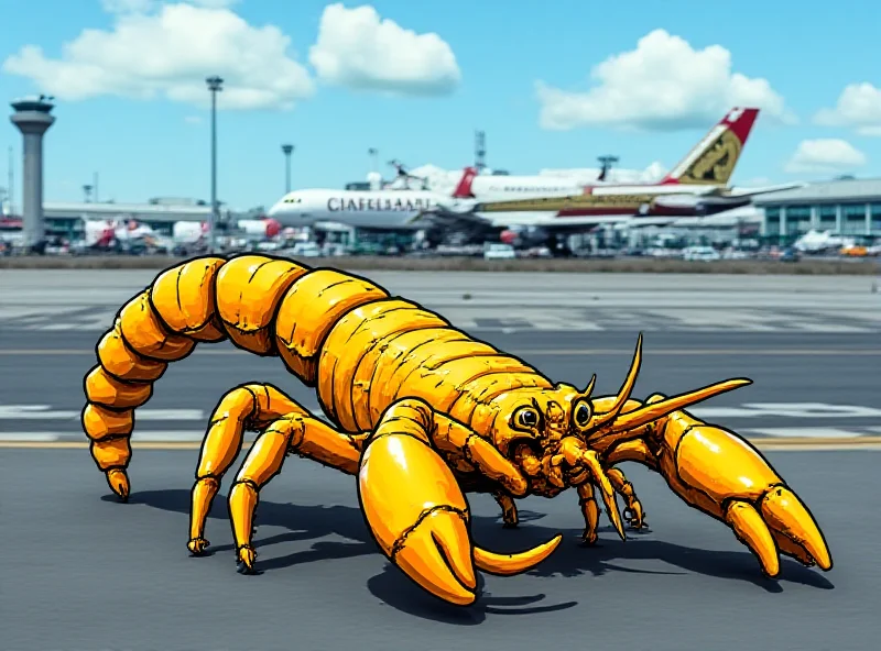 Photo of Boston Logan International Airport with a cartoon scorpion superimposed on the foreground.