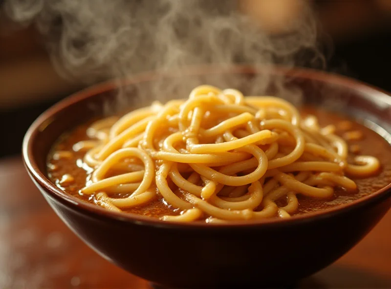 A steaming bowl of delicious-looking noodles in a traditional Chinese bowl, set against a background that suggests a simple dining hall.