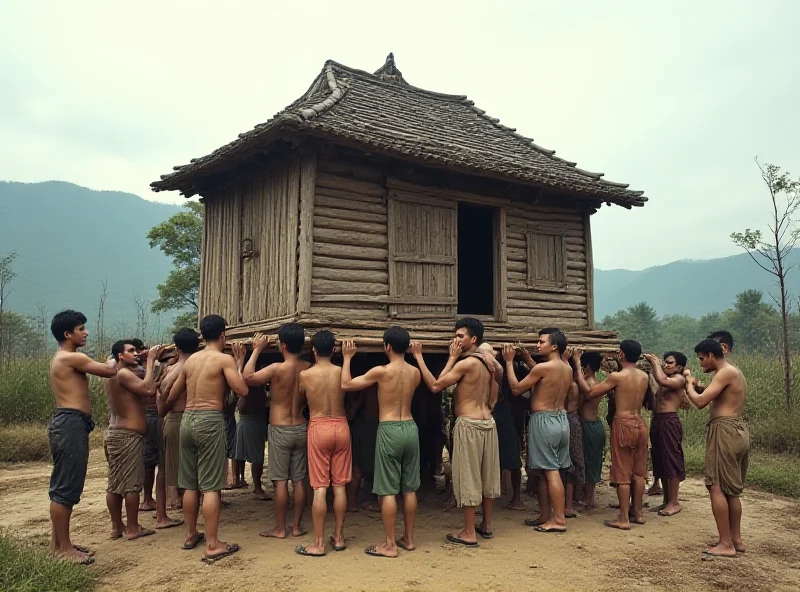 A wide shot of a group of villagers working together to move a traditional wooden Chinese house. They are using ropes and wooden beams to lift and transport the structure.