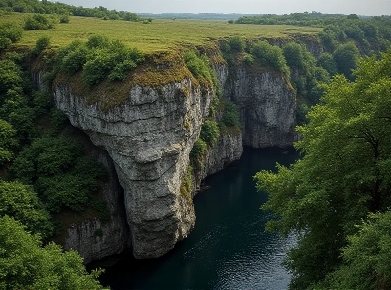 A landscape photograph of a cliff face that resembles the head of a puppy. The cliff is located near a river, and the lighting is soft and natural.