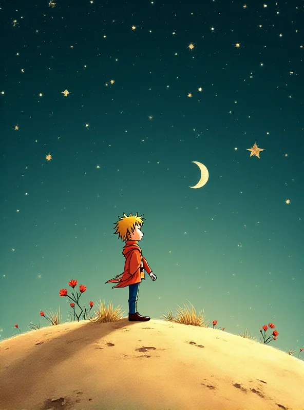 A whimsical illustration depicting the Little Prince standing on his tiny planet, gazing up at the stars. The style is reminiscent of the original book's illustrations, with soft colors and a dreamlike quality.