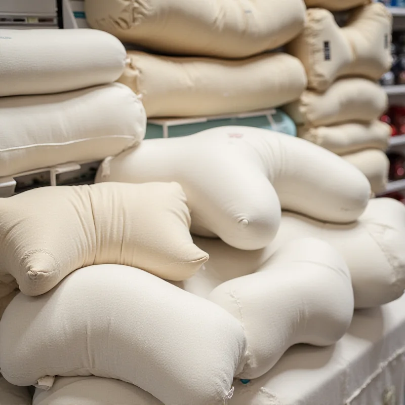 A close up of a variety of different body pillows on display in a store. Some are U-shaped, some are J-shaped, and others are just long and cylindrical.