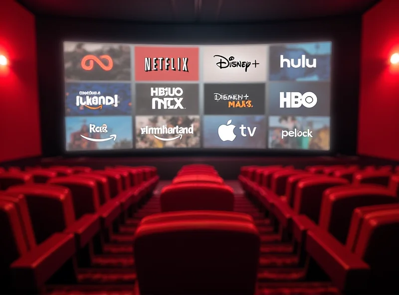 Collage of streaming service logos (Netflix, Hulu, Prime Video, Disney+, etc.) against a background of a movie theater.