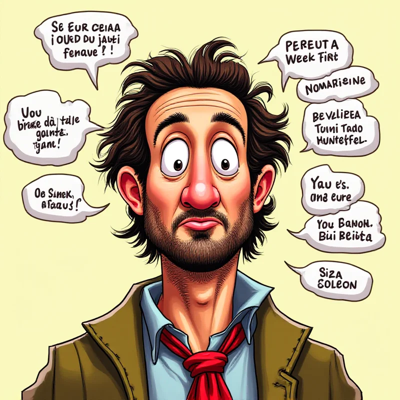 A caricature of Maccio Capatonda looking surprised and amused, with speech bubbles containing excerpts from his anecdotes.