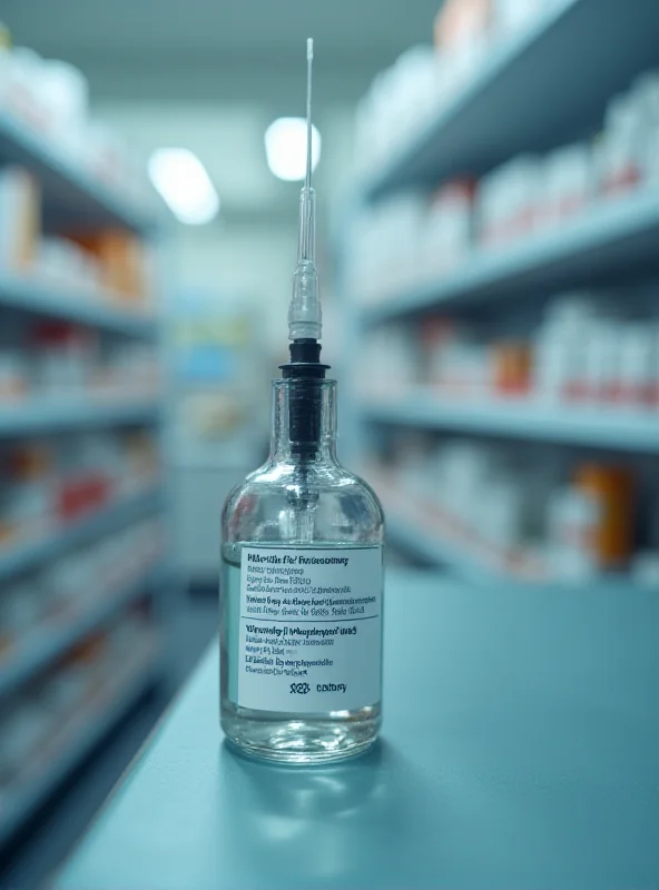 Close-up shot of Wegovy injection pen with prescription label. Blurred background showing pharmacy shelves.