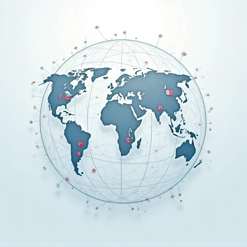 Abstract image representing international relations and diplomacy. Depicts interconnected lines forming a globe, with flags of various nations subtly incorporated.