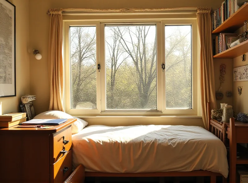 A brightly lit sunroom with a bed and desk, showing a student studying. The room is simply furnished.