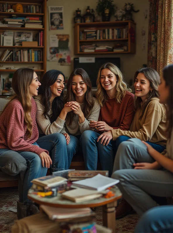 A group of college-aged women laughing and talking in a living room, some sitting on a worn couch, others on the floor. The room is cluttered but cozy.