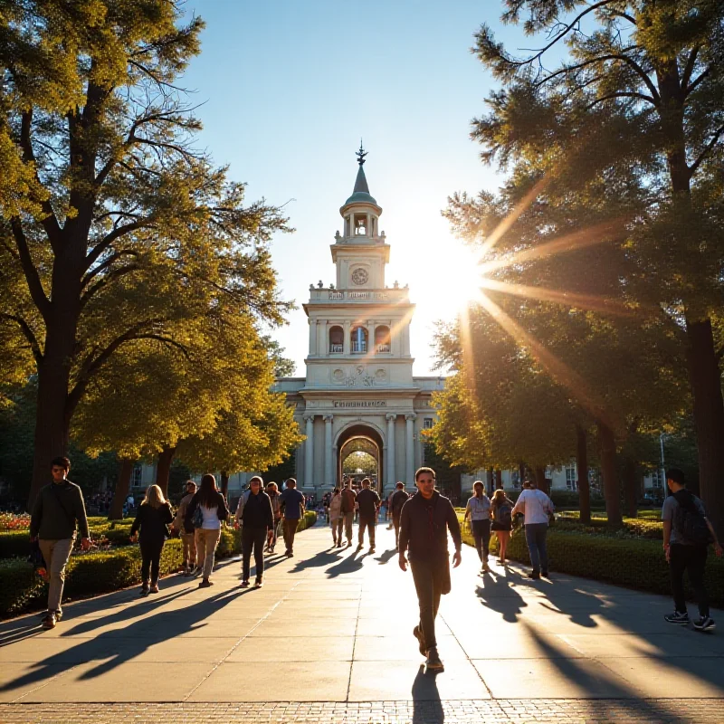 A photo of the UC Berkeley campus, focusing on the iconic Sather Gate and the surrounding buildings on a sunny day.