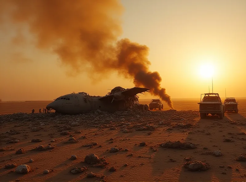 Wreckage of a military plane in a desert landscape with smoke billowing in the background.