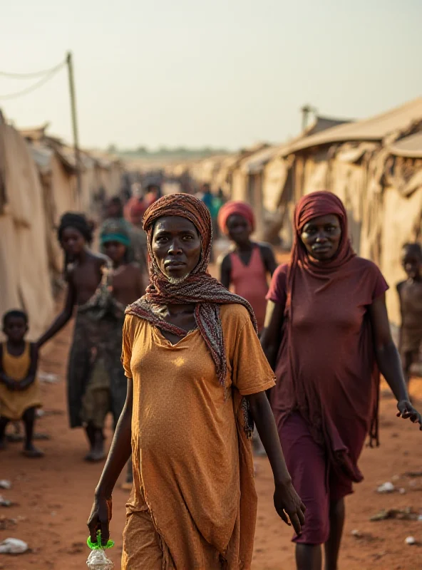 A crowded refugee camp with tents and makeshift shelters, showing the desperate conditions and the faces of displaced people.